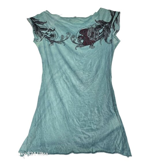 Crash & Burn Women's Graphic Tee Blue Sequins Glitter Anchor Semi Sheer Small - Picture 2 of 8